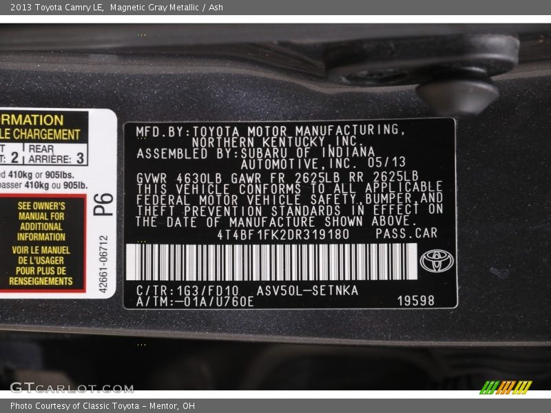 Magnetic Gray Metallic / Ash 2013 Toyota Camry LE