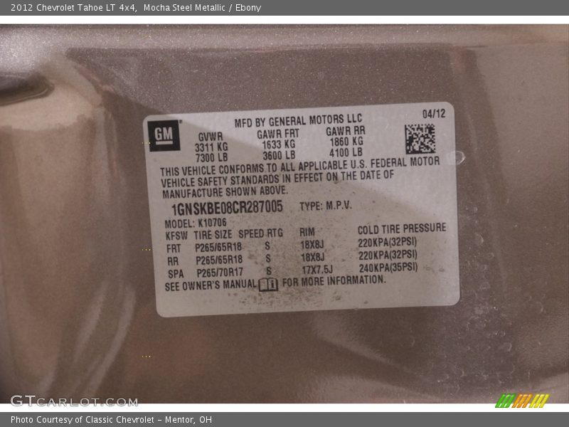 Mocha Steel Metallic / Ebony 2012 Chevrolet Tahoe LT 4x4