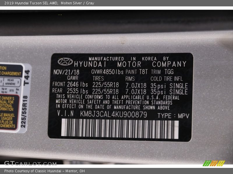 Molten Silver / Gray 2019 Hyundai Tucson SEL AWD