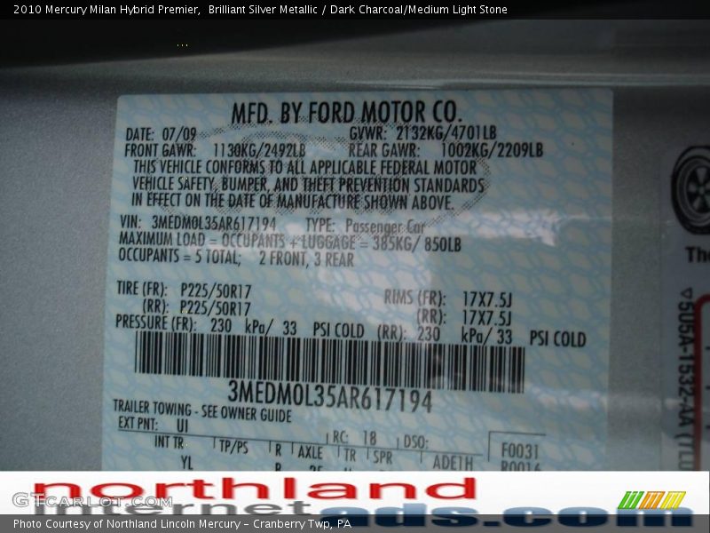 Brilliant Silver Metallic / Dark Charcoal/Medium Light Stone 2010 Mercury Milan Hybrid Premier