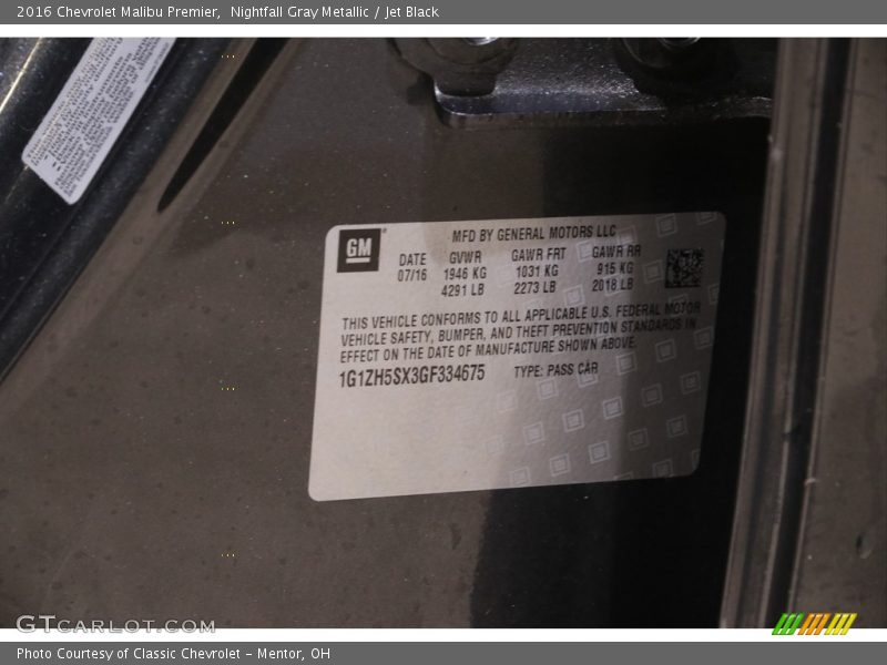 Nightfall Gray Metallic / Jet Black 2016 Chevrolet Malibu Premier