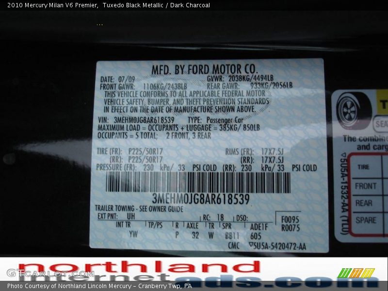 Tuxedo Black Metallic / Dark Charcoal 2010 Mercury Milan V6 Premier