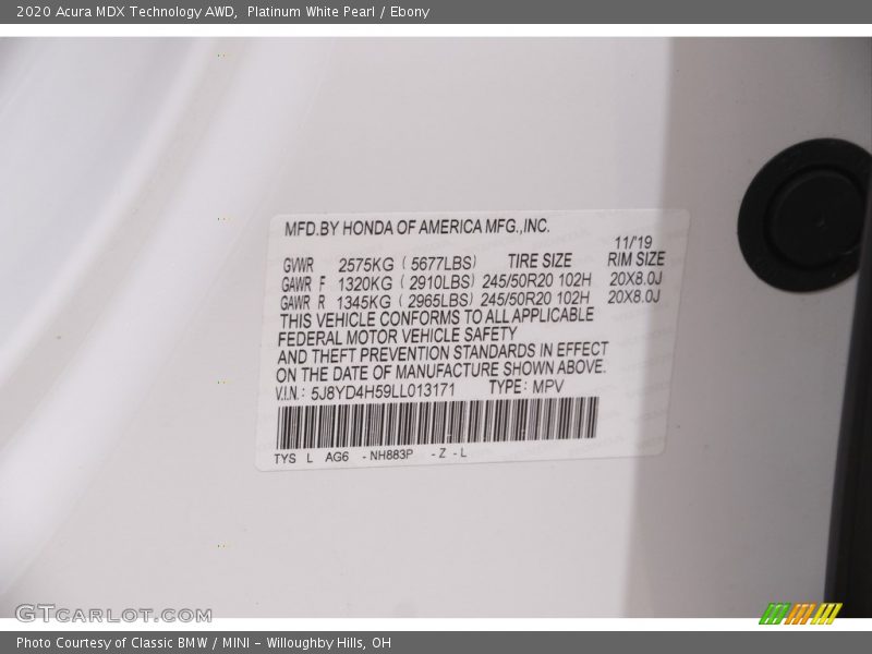 Platinum White Pearl / Ebony 2020 Acura MDX Technology AWD
