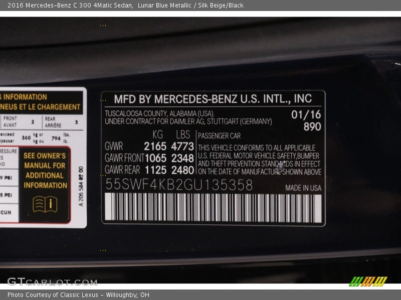 Lunar Blue Metallic / Silk Beige/Black 2016 Mercedes-Benz C 300 4Matic Sedan