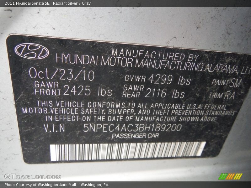 Radiant Silver / Gray 2011 Hyundai Sonata SE