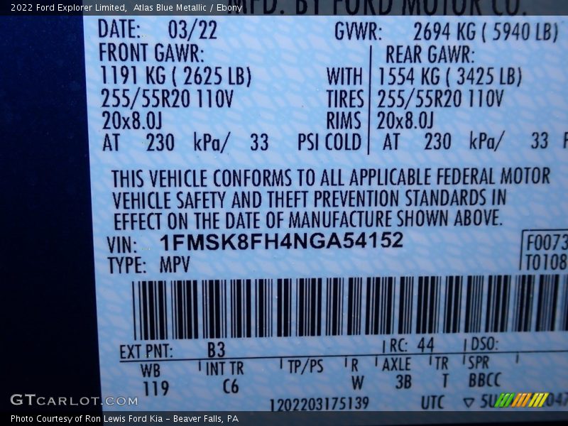 2022 Explorer Limited Atlas Blue Metallic Color Code B3