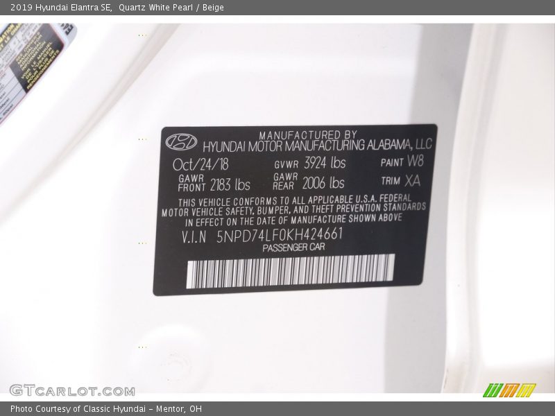 Quartz White Pearl / Beige 2019 Hyundai Elantra SE