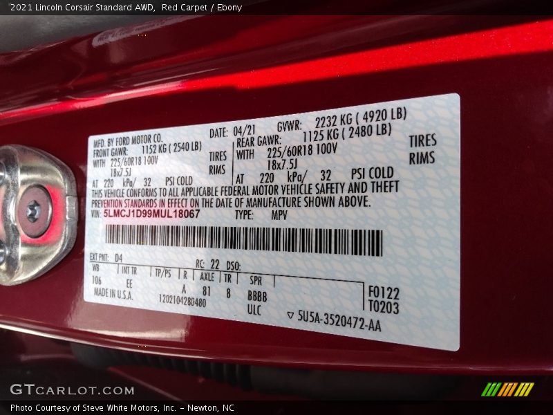 2021 Corsair Standard AWD Red Carpet Color Code D4