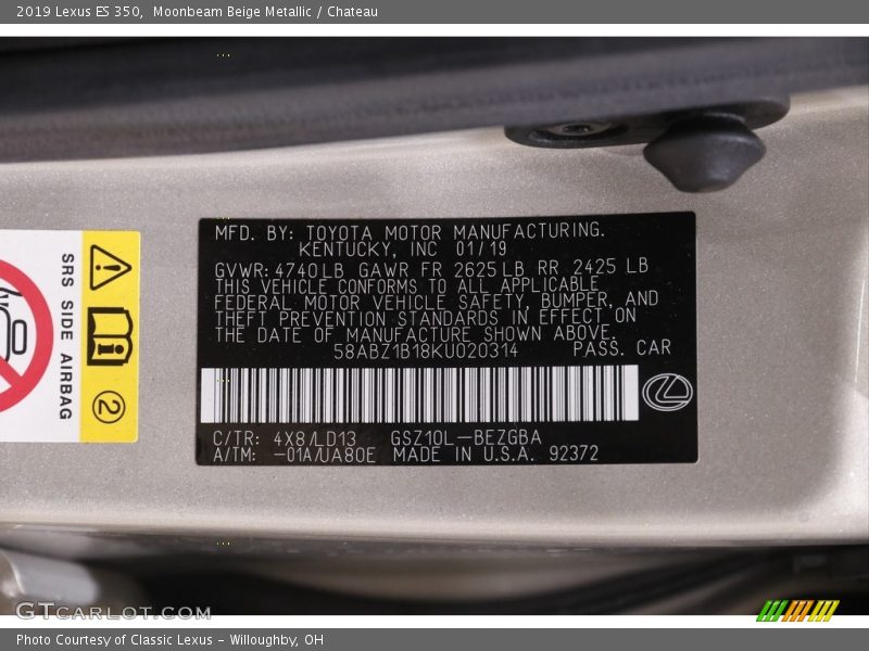 2019 ES 350 Moonbeam Beige Metallic Color Code 4X8