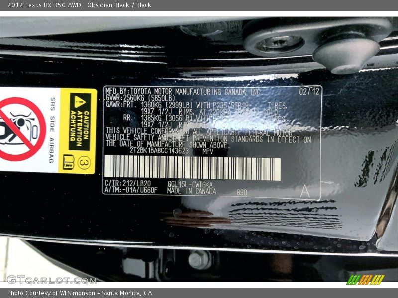 Obsidian Black / Black 2012 Lexus RX 350 AWD