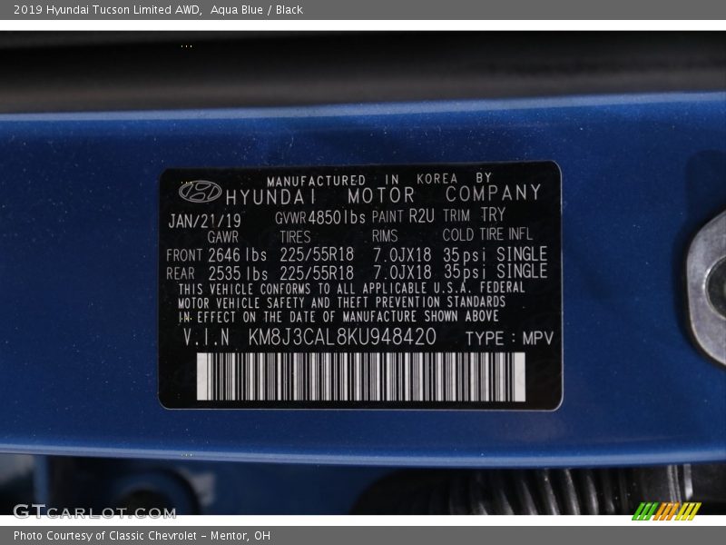 Aqua Blue / Black 2019 Hyundai Tucson Limited AWD