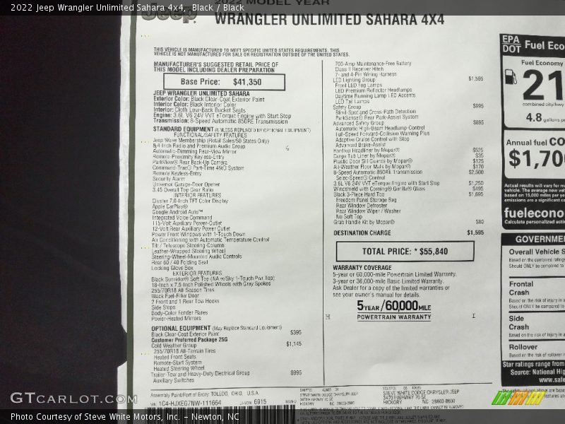  2022 Wrangler Unlimited Sahara 4x4 Window Sticker