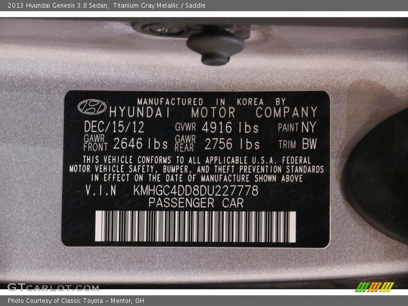 Titanium Gray Metallic / Saddle 2013 Hyundai Genesis 3.8 Sedan