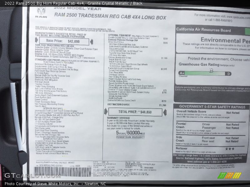  2022 2500 Big Horn Regular Cab 4x4 Window Sticker