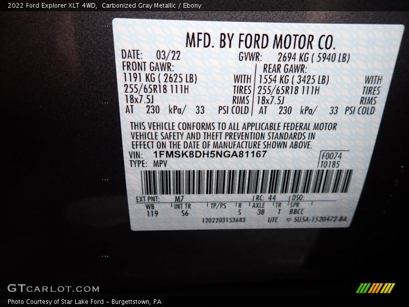 2022 Explorer XLT 4WD Carbonized Gray Metallic Color Code M7
