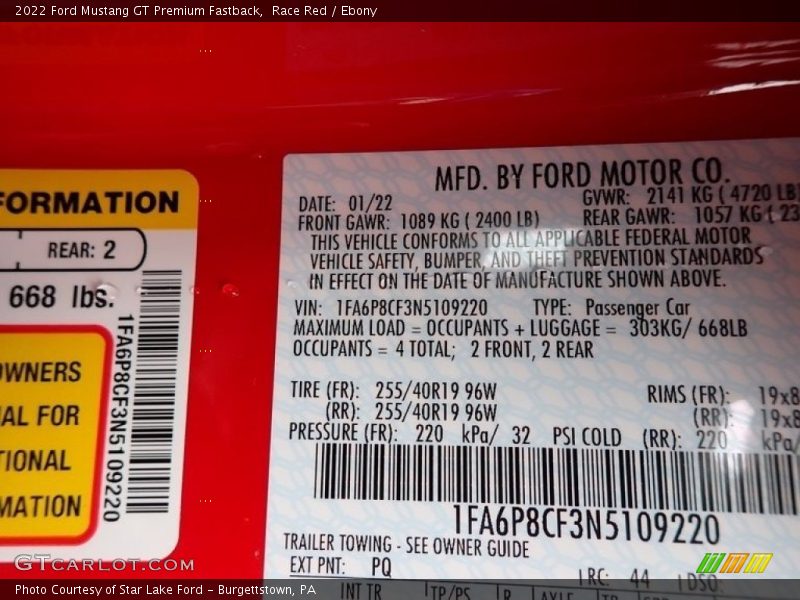 2022 Mustang GT Premium Fastback Race Red Color Code PQ