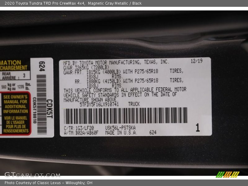 2020 Tundra TRD Pro CrewMax 4x4 Magnetic Gray Metallic Color Code 1G3