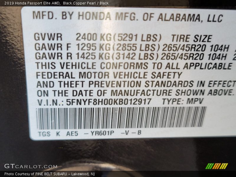 2019 Passport Elite AWD Black Copper Pearl Color Code YR601P