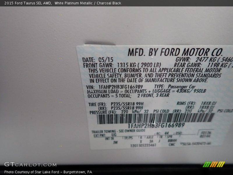2015 Taurus SEL AWD White Platinum Metallic Color Code UG
