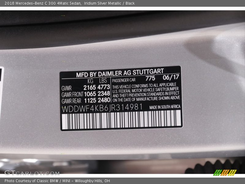 2018 C 300 4Matic Sedan Iridium Silver Metallic Color Code 775
