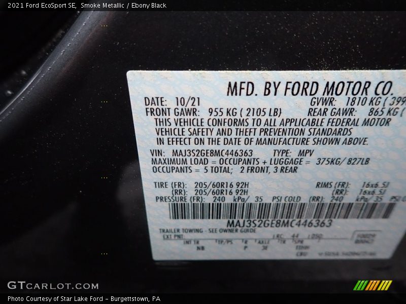 Smoke Metallic / Ebony Black 2021 Ford EcoSport SE