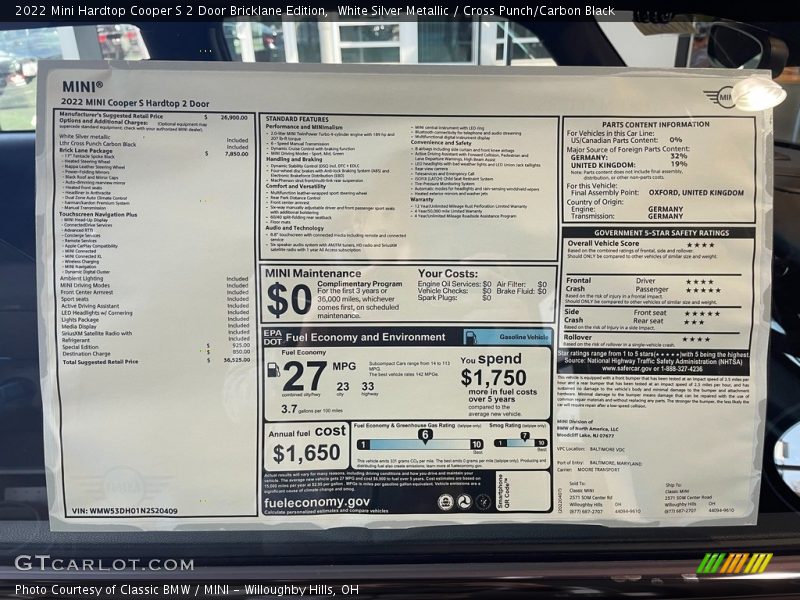  2022 Hardtop Cooper S 2 Door Bricklane Edition Window Sticker