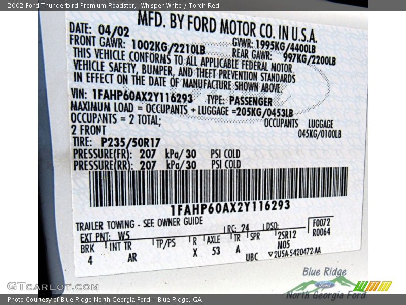 Whisper White / Torch Red 2002 Ford Thunderbird Premium Roadster