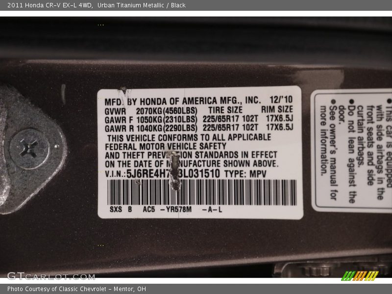 Urban Titanium Metallic / Black 2011 Honda CR-V EX-L 4WD