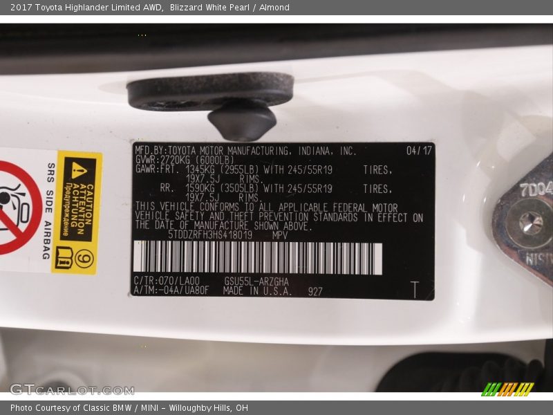 Blizzard White Pearl / Almond 2017 Toyota Highlander Limited AWD