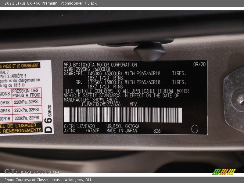 2021 GX 460 Premium Atomic Silver Color Code 1J7