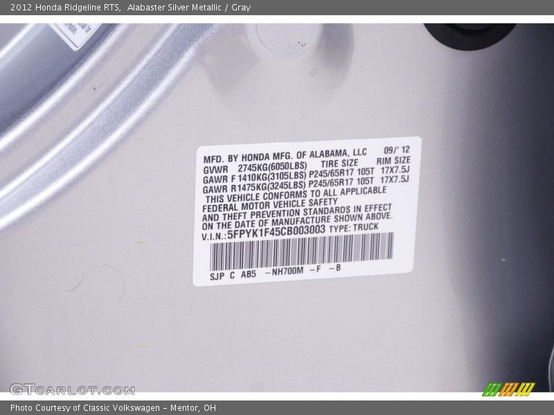 Alabaster Silver Metallic / Gray 2012 Honda Ridgeline RTS