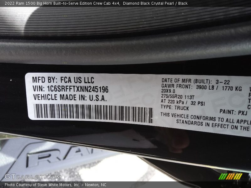 2022 1500 Big Horn Built-to-Serve Edition Crew Cab 4x4 Diamond Black Crystal Pearl Color Code PXJ