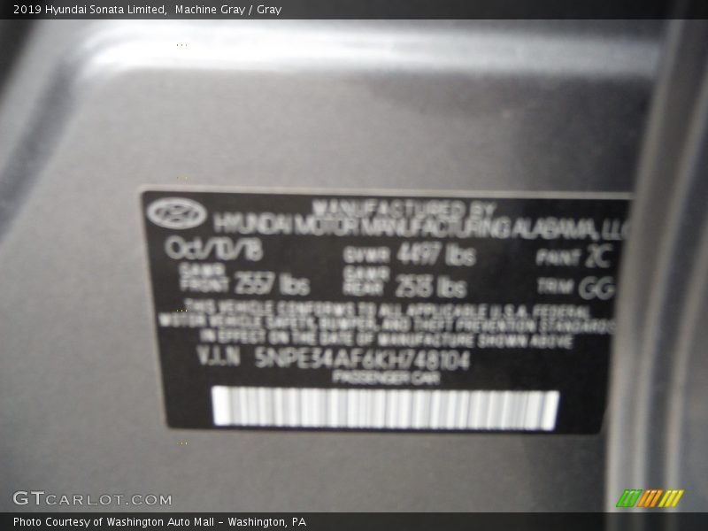Machine Gray / Gray 2019 Hyundai Sonata Limited