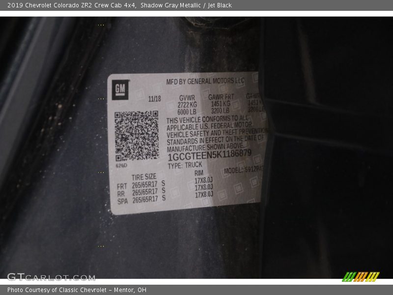 Shadow Gray Metallic / Jet Black 2019 Chevrolet Colorado ZR2 Crew Cab 4x4