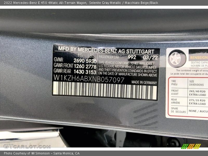 2022 E 450 4Matic All-Terrain Wagon Selenite Gray Metallic Color Code 992