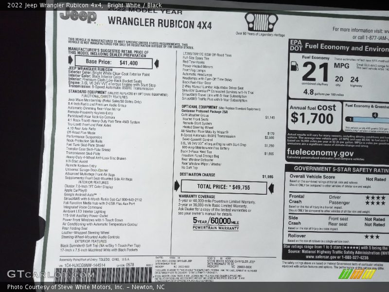  2022 Wrangler Rubicon 4x4 Window Sticker