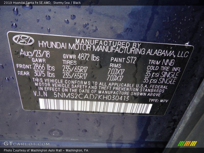 Stormy Sea / Black 2019 Hyundai Santa Fe SE AWD