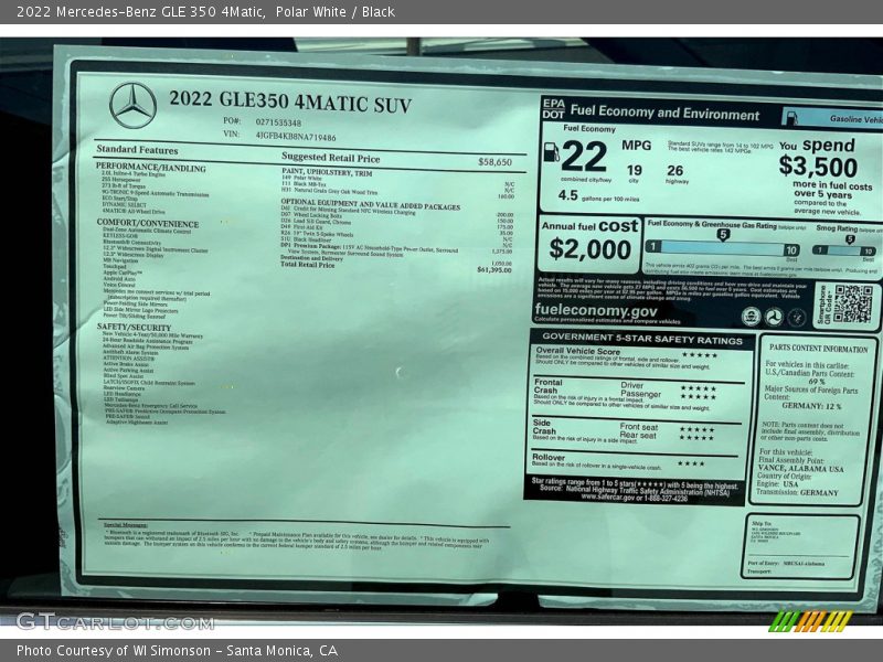  2022 GLE 350 4Matic Window Sticker