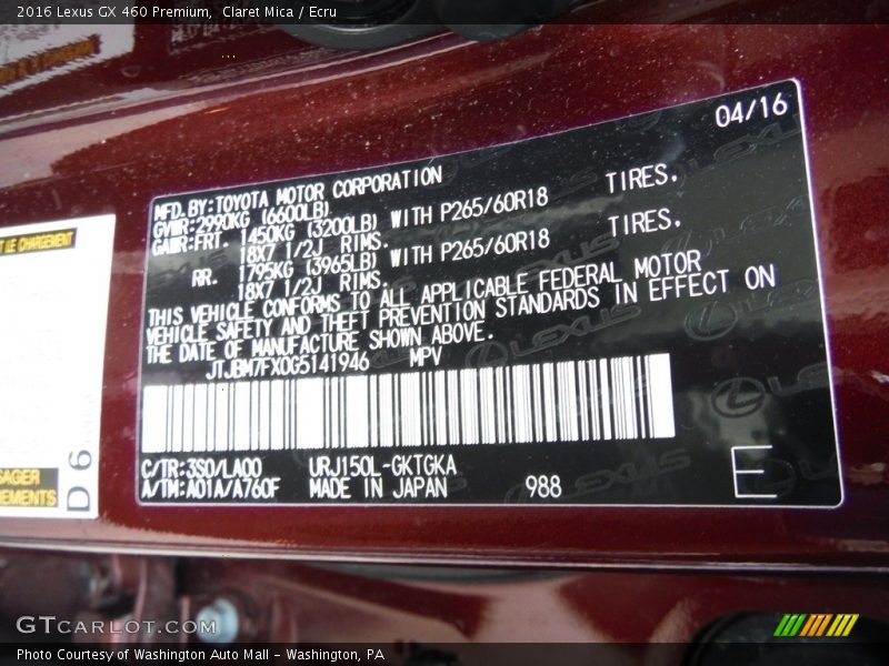 2016 GX 460 Premium Claret Mica Color Code 3S0