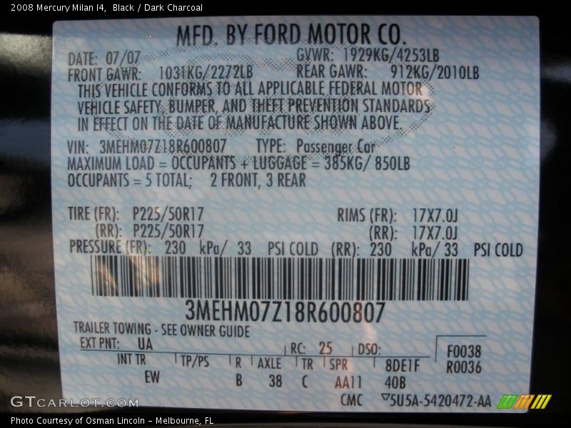 Black / Dark Charcoal 2008 Mercury Milan I4