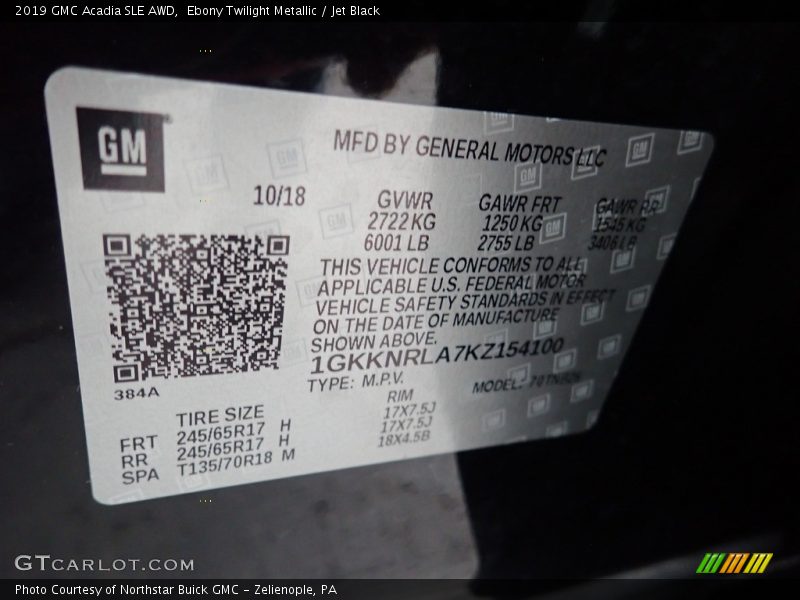 Ebony Twilight Metallic / Jet Black 2019 GMC Acadia SLE AWD