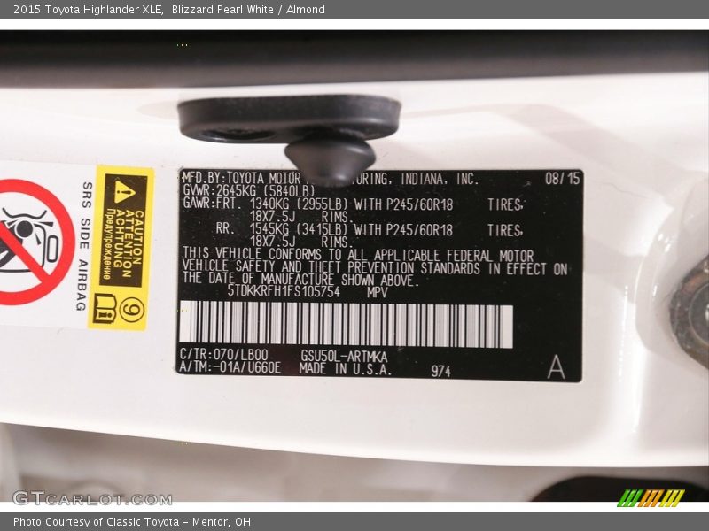 Blizzard Pearl White / Almond 2015 Toyota Highlander XLE