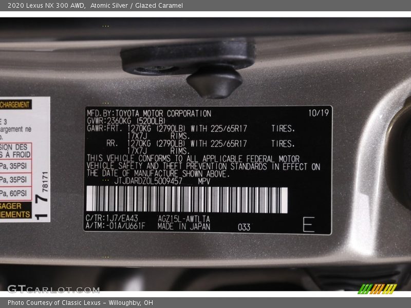 2020 NX 300 AWD Atomic Silver Color Code 1J7