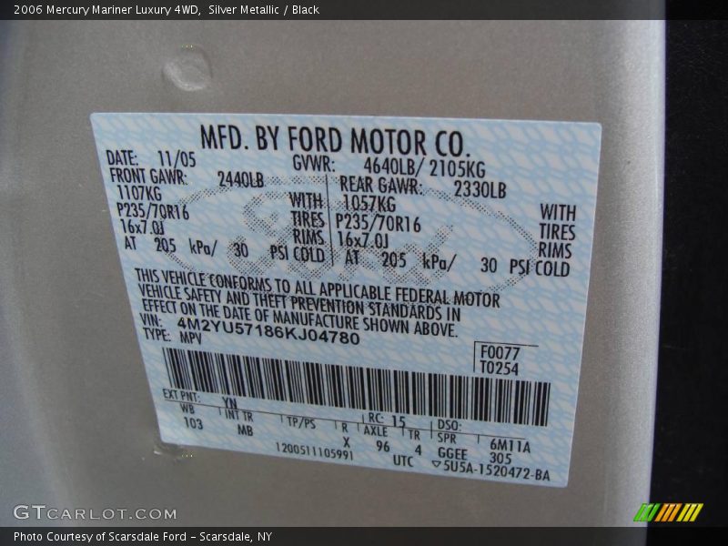 Silver Metallic / Black 2006 Mercury Mariner Luxury 4WD
