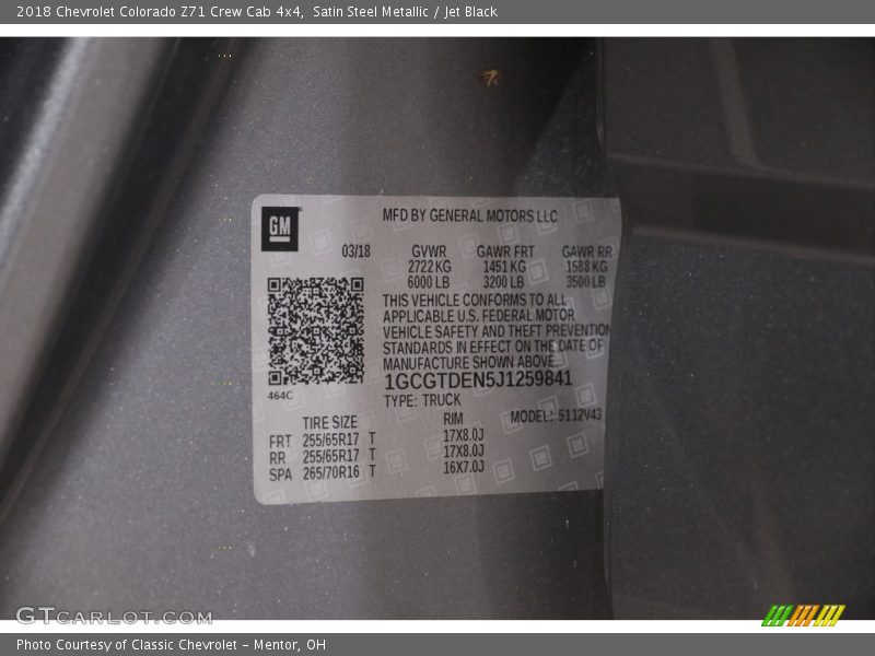 Satin Steel Metallic / Jet Black 2018 Chevrolet Colorado Z71 Crew Cab 4x4