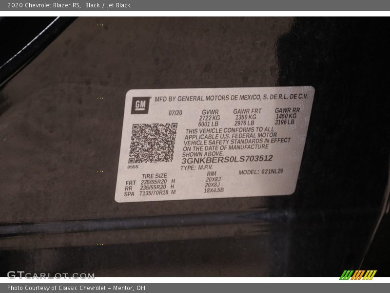 Black / Jet Black 2020 Chevrolet Blazer RS