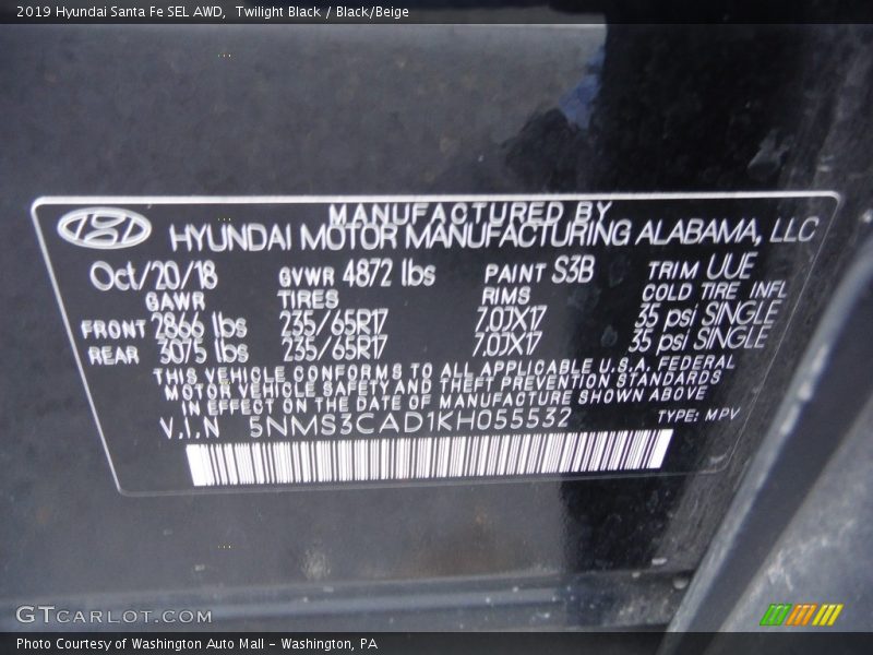 Twilight Black / Black/Beige 2019 Hyundai Santa Fe SEL AWD