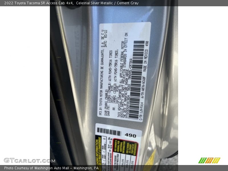2022 Tacoma SR Access Cab 4x4 Celestial Silver Metallic Color Code 1J9