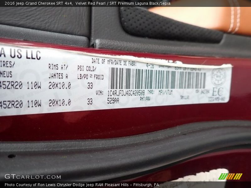 2016 Grand Cherokee SRT 4x4 Velvet Red Pearl Color Code PRV