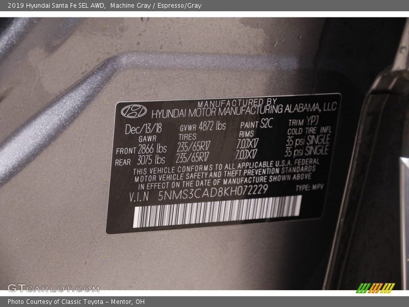 Machine Gray / Espresso/Gray 2019 Hyundai Santa Fe SEL AWD